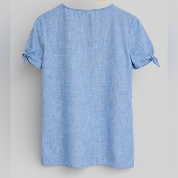 Talbots Embroidered Linen Blend Pop Over Chambray Blouse Medium NWT - Picture 5 of 8